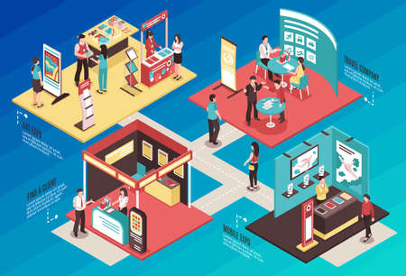 Isometric expo stand exhibition horizontal composition with text and images of different exhibit booths with people vector illustrationのイラスト素材