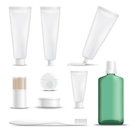 Realistic products for teeth care set of icons with toothbrush, dentifrices, floss, toothpicks, mouthwash isolated vector illustrationのイラスト素材