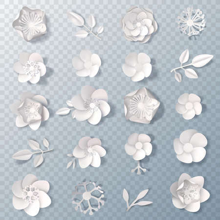Set of realistic delicate white paper flowers and leaves isolated on transparent background 3d vector illustrationのイラスト素材