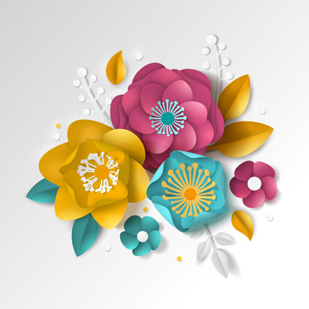 Realistic paper floral composition with color flowers and leaves on white background 3d vector illustrationのイラスト素材