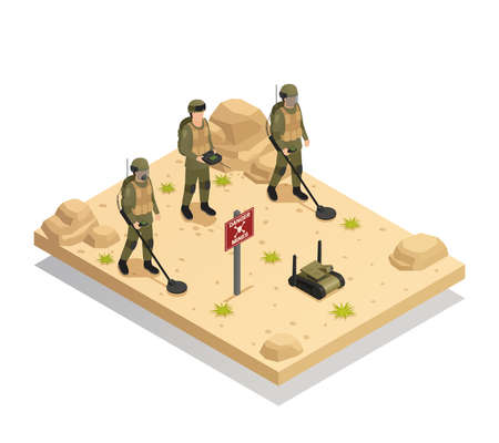 Military landmine clearing equipment with automated  demining robots isometric composition of mines detecting and removal vector illustrationのイラスト素材