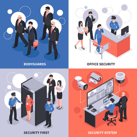 Security system isometric design concept with bodyguards, office access control, video monitoring, checkpoint isolated vector illustrationのイラスト素材