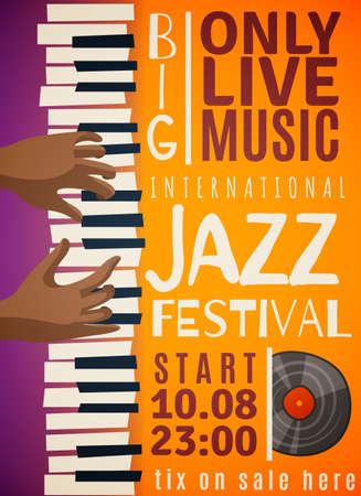 Jazz festival vertical poster with hands of african person playing on piano, record, orange background vector illustrationのイラスト素材