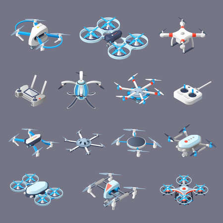 Drones isometric icons with unmanned aircrafts of different purpose with controllers isolated on grey background vector illustrationのイラスト素材