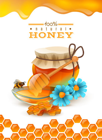 Natural honey ad poster with bee, honeycombs, flowers, saucer and jar with product, hexagon ornament vector illustrationのイラスト素材