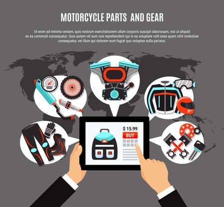 Online shopping of motorcycle parts and gear design concept with electronic buy on tablet screen flat vector illustrationのイラスト素材