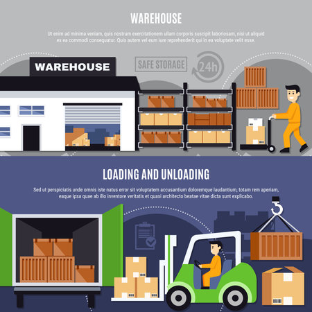 Warehouse colored and flat composition or banner set with loading and unloading descriptions vector illustrationのイラスト素材