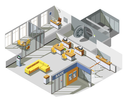 Bank offices space interior isometric view with customer assistants desks cash machine and waiting area vector illustrationのイラスト素材