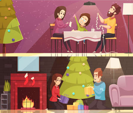 Horizontal cartoon banners set with people celebrating christmas at home isolated vector illustrationのイラスト素材