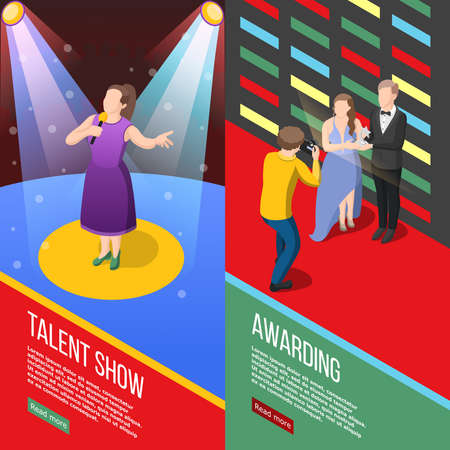 Set of vertical isometric banners with talent show tv program and performers with awards isolated vector illustrationのイラスト素材