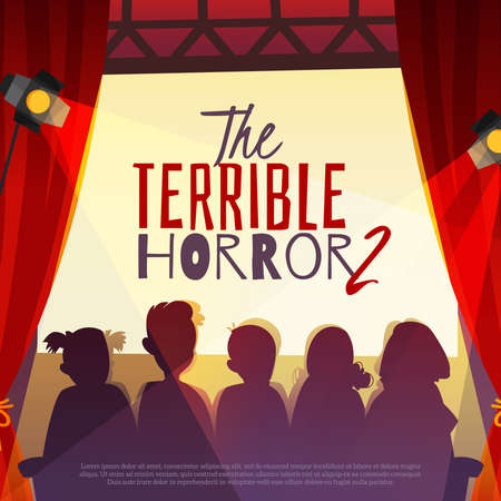 Cinema show with horror film on screen, silhouettes of viewers in auditorium with spotlights cartoon vector illustrationのイラスト素材