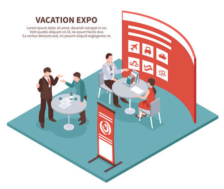 Isometric expo stand exhibition conceptual composition with editable description and images of exhibit booth for tour operator vector illustrationのイラスト素材