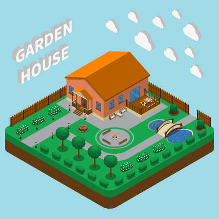 Isometric house composition with view of fenced territory with garden and cottage building with 3d text vector illustrationのイラスト素材