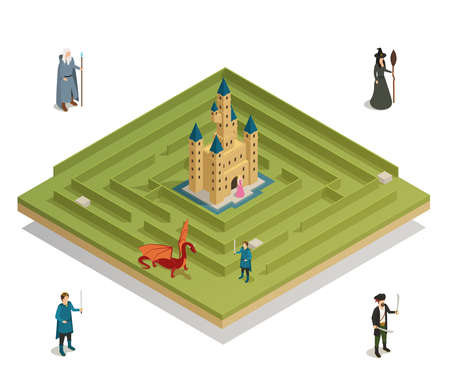 Fairy tale labyrinth game with medieval castle  witch soldier knight and dragon figures isometric composition vector illustrationのイラスト素材