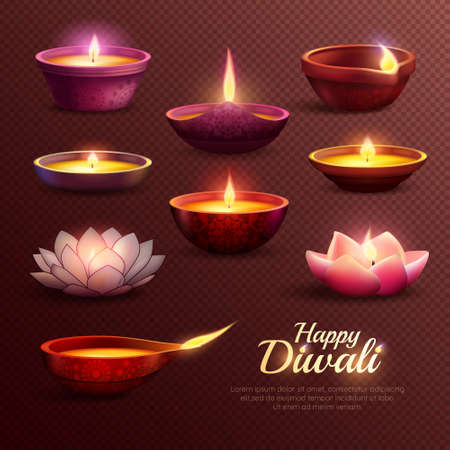 Diwali celebration icons set with burning oil lamps of various shape on transparent background isolated vector illustrationのイラスト素材