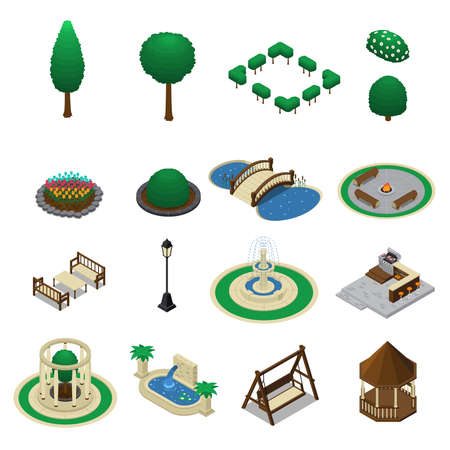 Isometric landscape design constructor elements collection of isolated garden park elements trees benches and shelter shed vector illustrationのイラスト素材