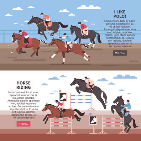 Flat horizontal banners with horse riding with hurdles and polo players  during game isolated vector illustrationのイラスト素材