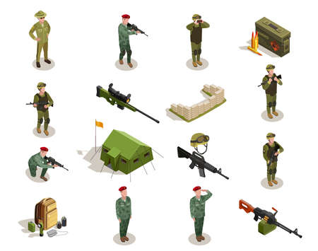 Army personnel military kit personal belongings ammunition weapon isometric icons collection with servicemen in uniform isolated vector illustrationのイラスト素材