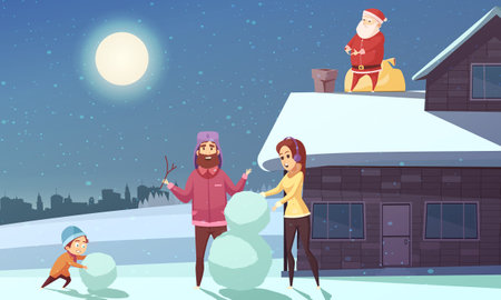 Happy family making snowman at christmas night and santa claus standing on roof near chimney cartoon vector illustrationのイラスト素材