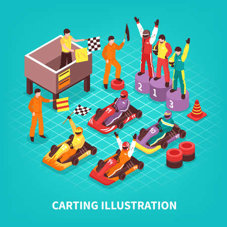 Isometric carting composition with isolated images of racing drivers on pedestal and carts with text vector illustrationのイラスト素材