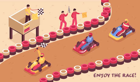 Isometric carting horizontal composition with view of race track racing drivers on carts and finish flags vector illustrationのイラスト素材