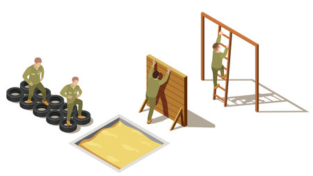 Military personnel primary recruit physical training drills with tire-based and climbing exercises isometric composition vector illustrationのイラスト素材