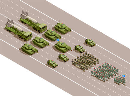 Military parade isometric composition with regiments and army technique blocks of armored vehicles and ballistic missiles vector illustrationのイラスト素材