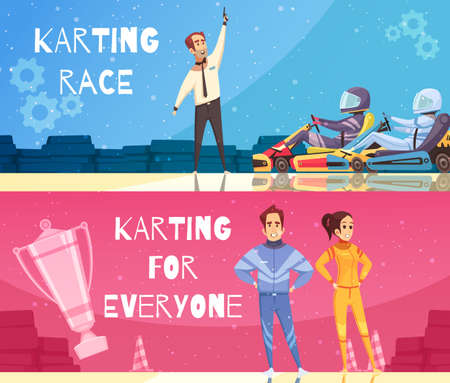 Colorful cartoon set of horizontal banners with kart racing winners isolated vector illustrationのイラスト素材