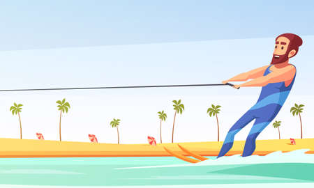 Happy man doing water skiing along sandy beach cartoon vector illustrationのイラスト素材