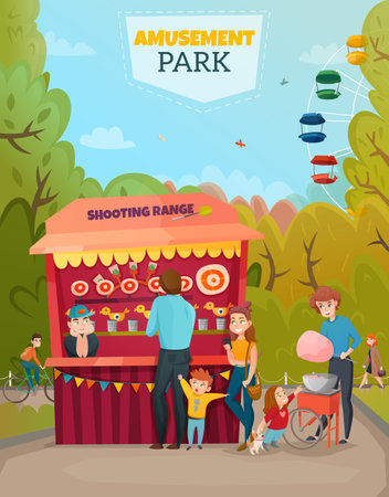 Amusement park illustration of family with two little children near shooting range tent cartoon vector Illustrationのイラスト素材