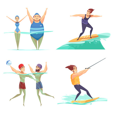 People doing water sports 2x2 cartoon design concept isolated on white background vector illustrationのイラスト素材