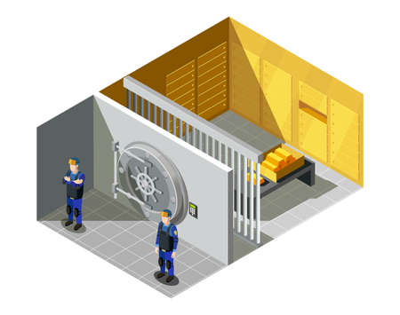 Federal bank gold vault compartment security system guarded by armed police force officers isometric composition vector illustrationのイラスト素材