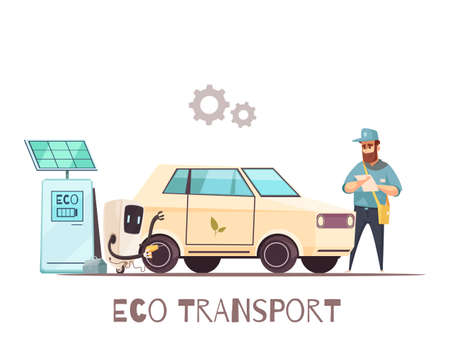 Eco transportation cartoon poster with environment friendly clean vehicle at solar power electric charging station vector illustrationのイラスト素材