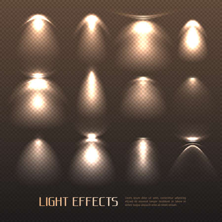 Set of light effects of various intensity from electric lamps on transparent background isolated vector illustrationのイラスト素材