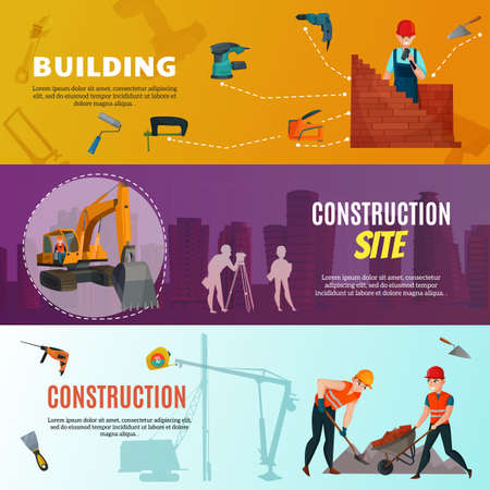 Set of horizontal banners with building site, construction workers with materials and tools isolated vector illustrationのイラスト素材