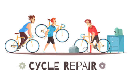 Bicycle repair mechanic shop with toolkit equipment and 2 cyclists with broken bikes cartoon advertisement vector illustrationのイラスト素材