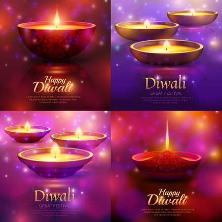 Diwali celebration design concept with burning festive lamps on purple blurred background with sparkles isolated vector illustrationのイラスト素材