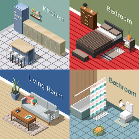 Residential interior isometric concept for home or hotel with kitchen, bedroom, lounge, bathroom isolated vector illustrationのイラスト素材
