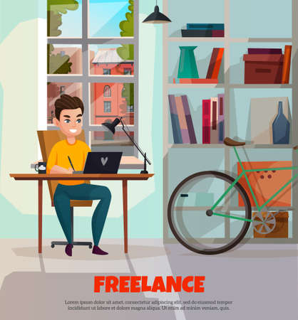 Freelancer sitting at table during computer work on window background in home interior with bicycle vector illustrationのイラスト素材