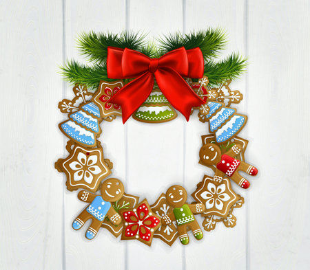 Merry christmas vintage design with white wooden door decorated by wreath made of  christmas toys realistic vector Illustrationのイラスト素材