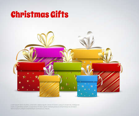Christmas gifts design set of colorful boxes tied with golden ribbons in realistic style vector Illustrationのイラスト素材