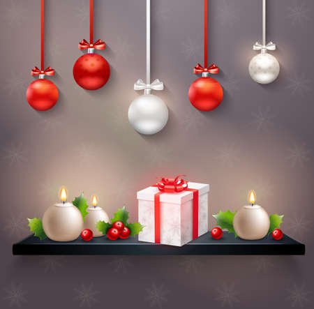 New year festive composition with hanging christmas balls gift box holly berries and round candles realistic vector Illustrationのイラスト素材