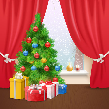 Christmas home decoration with gift boxes under pine tree and snowfall outside window realistic vector Illustrationのイラスト素材