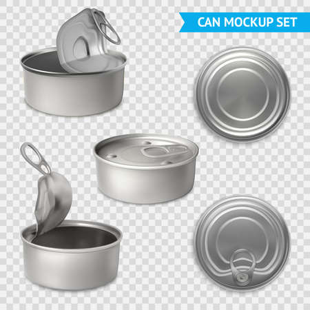 3d can mockup transparent set with text and isolated images of preserve tins with key opening vector illustrationのイラスト素材