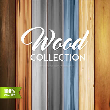 Realistic wooden texture vertical set background with calligraphic text and stripes of wood boards with different patterns vector illustrationのイラスト素材