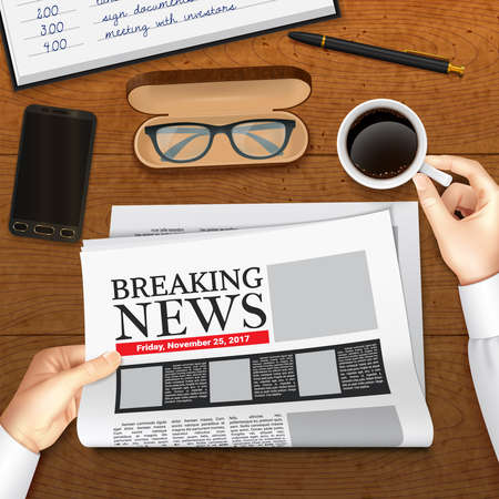 Realistic business newspaper with breaking news in male hands design top view on wooden background vector illustrationのイラスト素材