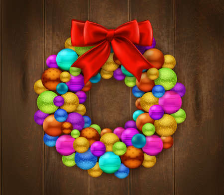 Festive  background with fragment of wooden door decorated by wreath made of colorful christmas balls and red bow realistic vector Illustrationのイラスト素材