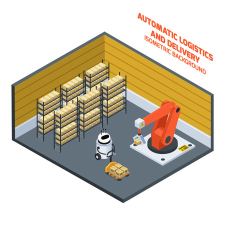 Automatic logistics and delivery isometric composition with warehouse symbols vector illustrationのイラスト素材