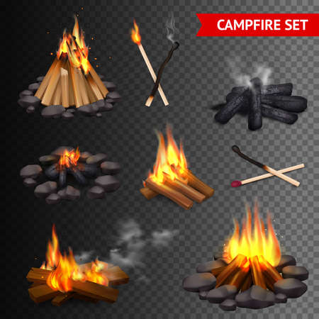 Realistic campfire transparent set of isolated bonfire images with lump wood stones and firebrands with smoke vector illustrationのイラスト素材