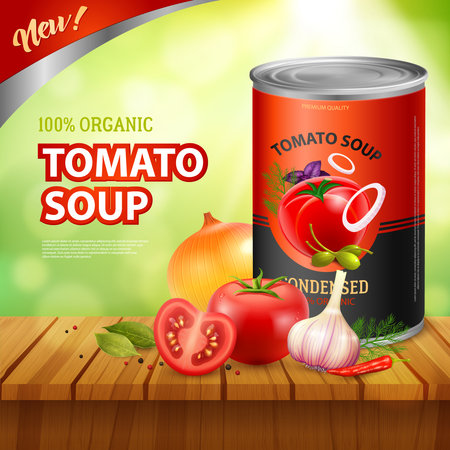 Can of tomato soup background with packshot of preserved food with vegetable images on wooden table vector illustrationのイラスト素材